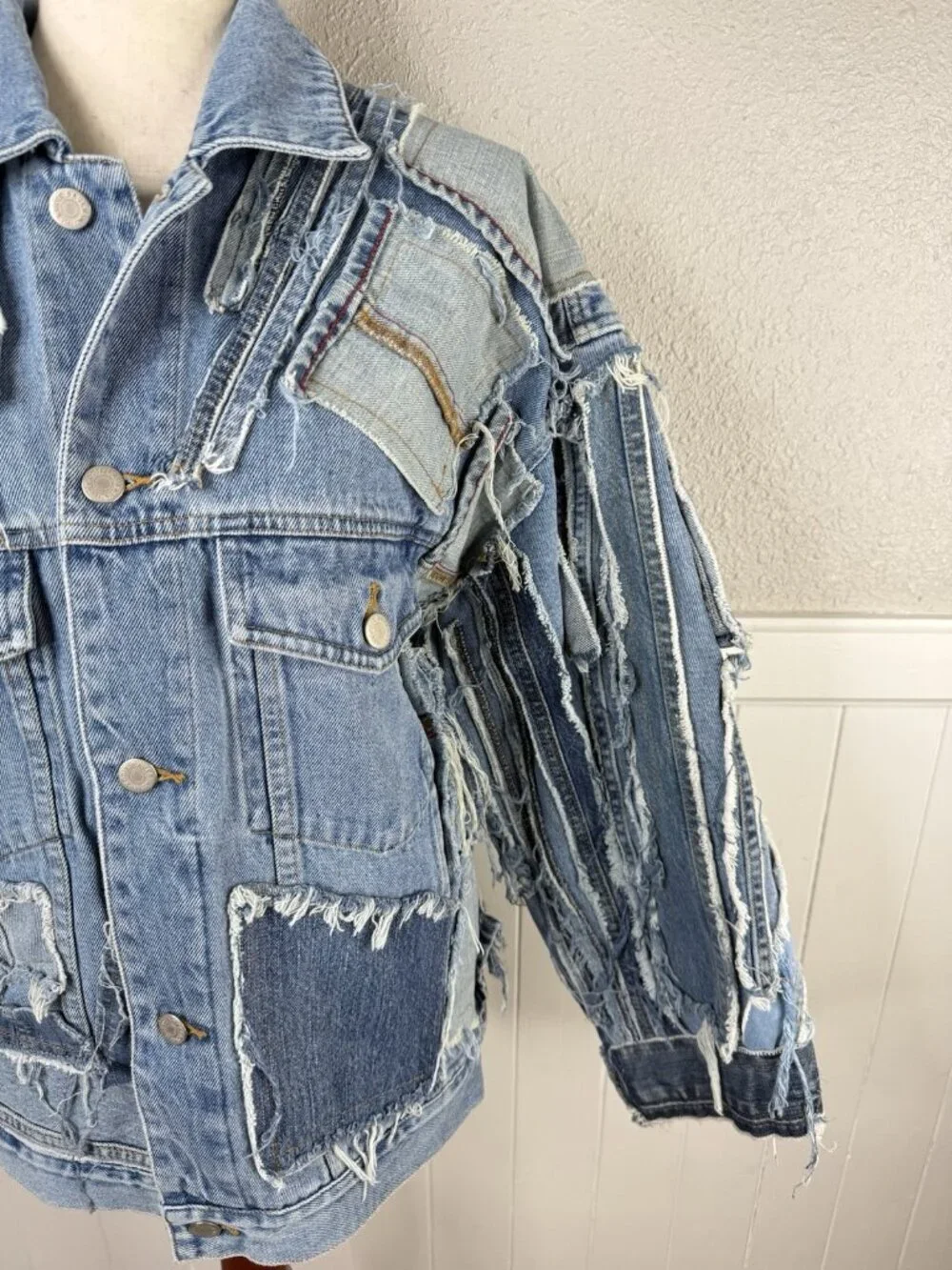 Vtg Reworked Denim Jacket Unique Upcycled Streetwear Jean Blue 90s y2k Sz M/L